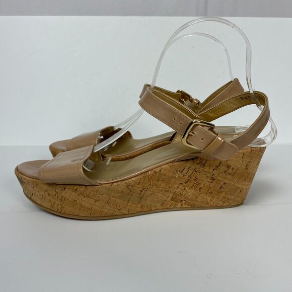Stuart Weitzman Sandals Womens 10 Beige Cork Platform Wedge Slingback Patent - Picture 4 of 11